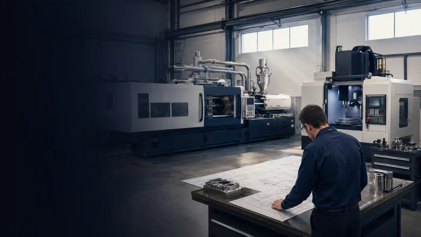 Engineer reviewing a manufacturing plan beside injection molding and CNC equipment